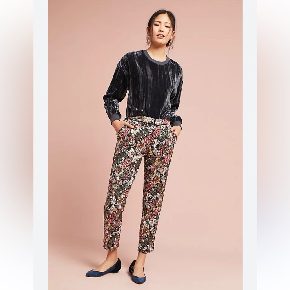 Anthropologie Maeve Jacquard Metallic Slim Trousers